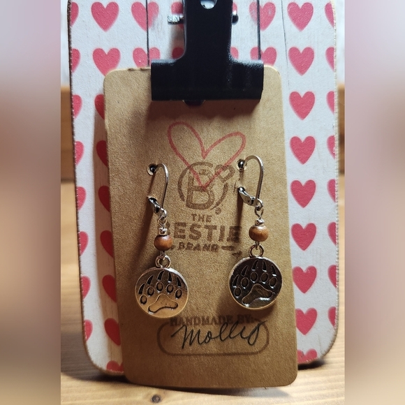 The Bestie Brand ❤️ Jewelry - Handmade Silver Color Brown Wooden Beaded Bear Paw Print Charm Dangle Earrings
